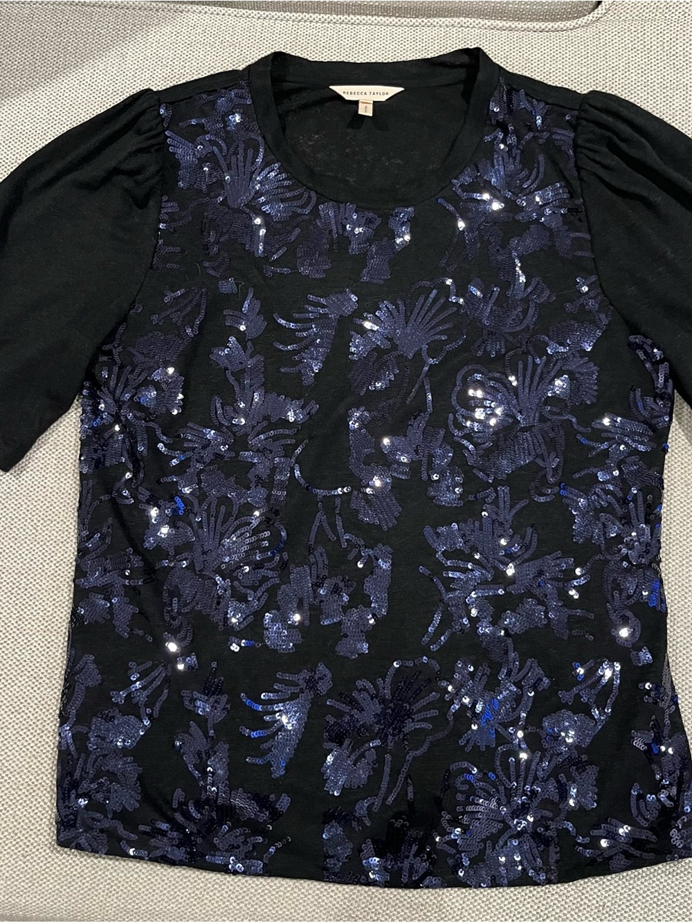 Rebecca Taylor Black Top with Navy Sequin Floral Detail